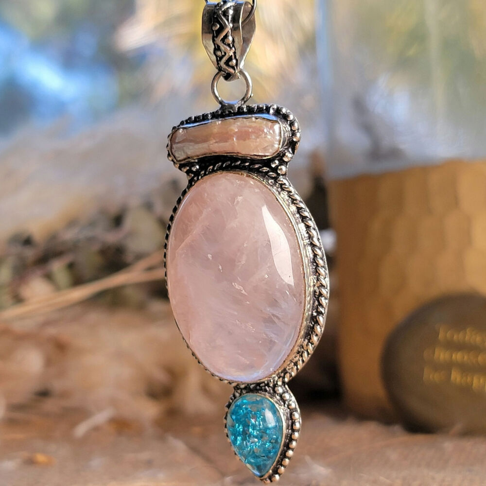 Handcrafted Rose Quartz Pendant, Sterling Silver Necklace With Pearl & Blue Gem